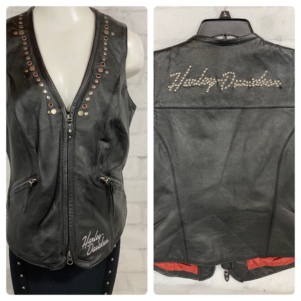 Harley-Davidson Black Leather Studded Zip Vest with Red Accent